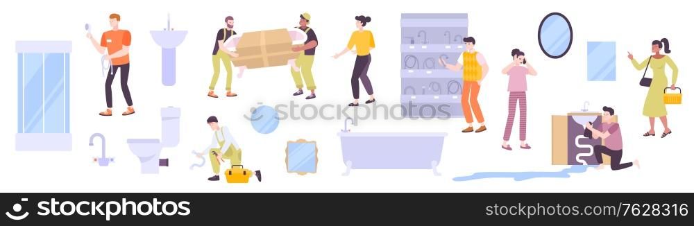 Plumbing shop set of flat icons bathroom fixture images and human characters of buyers and plumbers vector illustration