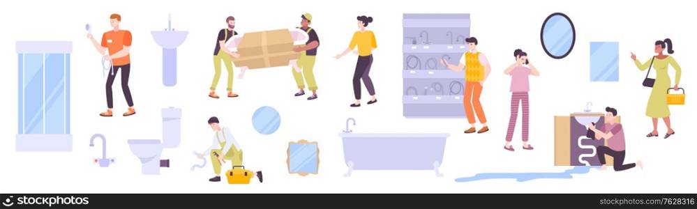 Plumbing shop set of flat icons bathroom fixture images and human characters of buyers and plumbers vector illustration