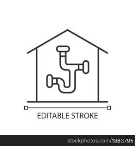 Plumbing system linear icon. Installing pipes and fixtures in house. Well-arranged piping network. Thin line customizable illustration. Contour symbol. Vector isolated outline drawing. Editable stroke. Plumbing system linear icon