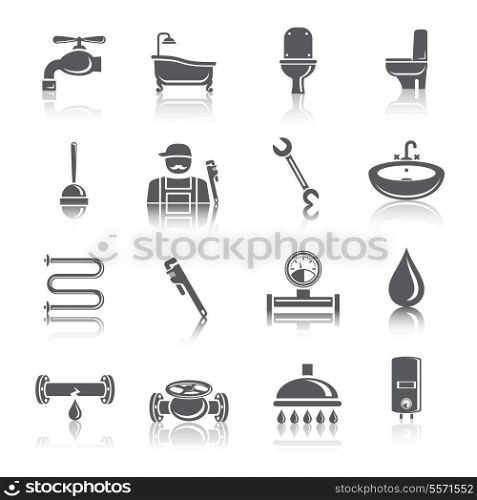 Plumbing tools pictograms set of shower bathroom toilet and water tube isolated vector illustration