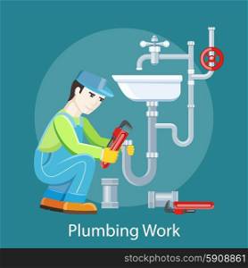 Plumbing work. Sanitary works. Plumber and wrench. Engineer character. Plumber repairing a pipe under a sink. Flat icon modern design style concept . Plumbing Work Concept