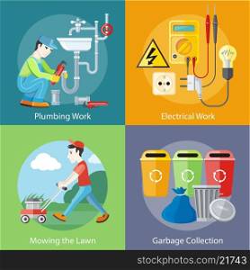 Plumbing work. Sanitary works. Plumber and wrench. Man moves with lawnmower, mows green grass near house. Garbage and recycling cans collection concept. Electrical work. Socket with devices