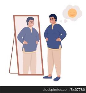 Plump man in Indian clothes near mirror semi flat color vector character. Editable figure. Full body person on white. Self love simple cartoon style illustration for web graphic design and animation. Plump man in Indian clothes near mirror semi flat color vector character