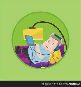 Plump man relaxing on sofa with many gadgets. Man lying on sofa surrounded by gadgets and fast food. Fat man using gadgets at home. Vector flat design illustration in the circle isolated on background. Man lying on sofa with many gadgets.