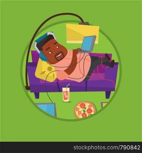 Plump man relaxing on sofa with many gadgets. Man lying on sofa surrounded by gadgets and fast food. Fat man using gadgets at home. Vector flat design illustration in the circle isolated on background. Man lying on sofa with many gadgets.