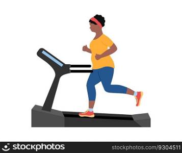 Plump woman running on treadmill to lose weight. Overweight girl jogging on fitness equipment. African american woman training. Flat vector illustration.. Plump woman running on treadmill to lose weight. Overweight girl jogging on fitness equipment. African american woman training. Flat vector illustration