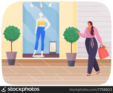 Plump woman with package looks at shop window with dummy. Overweight woman dreams of health and athletic body. Girl thinks about healthy lifestyle. Fat person on background of store with clothes. Plump woman with package looks at shop window with dummy, dreams of health and athletic body