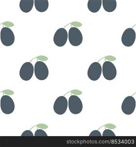 Plums hand drawn seamless pattern vector illustration. Simple background with berries. Print juicy blue berries with foliage on white backing. Model for textile, packaging, paper and design. Plums hand drawn seamless pattern vector illustration