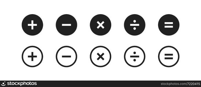 Plus and minus icon set. Math symbol. Add sign. Multiply icon. Calculator button, business finance concept in vector flat style.
