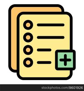 Plus document icon outline vector. Loan approve. Check score color flat. Plus document icon vector flat