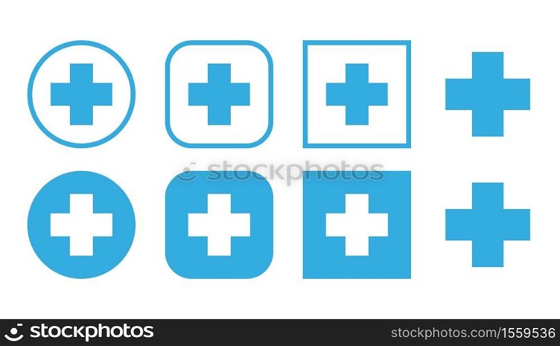 Plus icon in flat style. Set blue plus sign, medical cross, vector pharmacy design. Vector illustration EPS10.. Plus icon in flat style. Set blue plus sign, medical cross, vector pharmacy design.