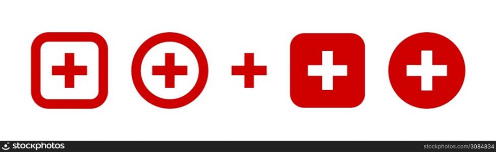 Plus icon set. Vector red cross symbol collection.