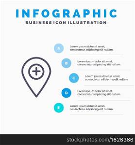 Plus, Location, Map, Marker, Pin Line icon with 5 steps presentation infographics Background