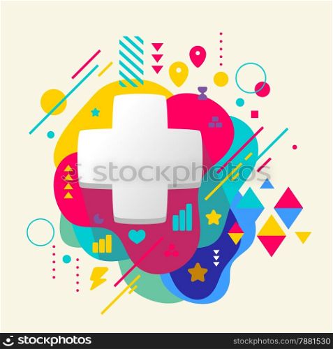 Plus on abstract colorful spotted background with different elements. Flat design.