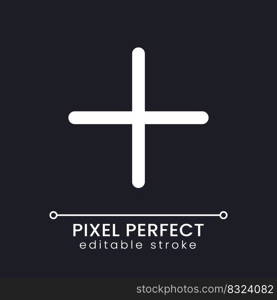 Plus pixel perfect white linear ui icon for dark theme. Invite and add to chat. Addition sign. Vector line pictogram. Isolated user interface symbol for night mode. Editable stroke. Poppins font used. Plus pixel perfect white linear ui icon for dark theme