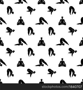 Plus-size woman doing yoga exercises.Vector seamless pattern with female character in different asanas and poses isolated on a white background.