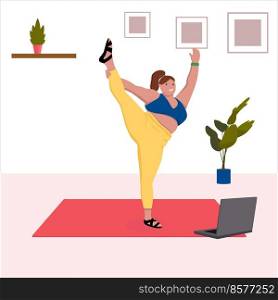 Plus size woman doing yoga. Online yoga.. Plus size woman doing yoga. Online yoga. Flat vector illustration