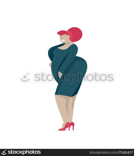 Plus size woman dressed in stylish clothing, girl wearing trendy clothes. Happy Female cartoon character. Bodypositive concept illustration. Plus size women dressed in stylish clothing. Set of curvy girls wearing trendy clothes. Happy characters. Bodypositive concept illustration