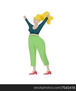 Plus size woman dressed in stylish clothing, girl wearing trendy clothes. Happy Female cartoon character. Bodypositive concept illustration. Plus size women dressed in stylish clothing. Set of curvy girls wearing trendy clothes. Happy characters. Bodypositive concept illustration