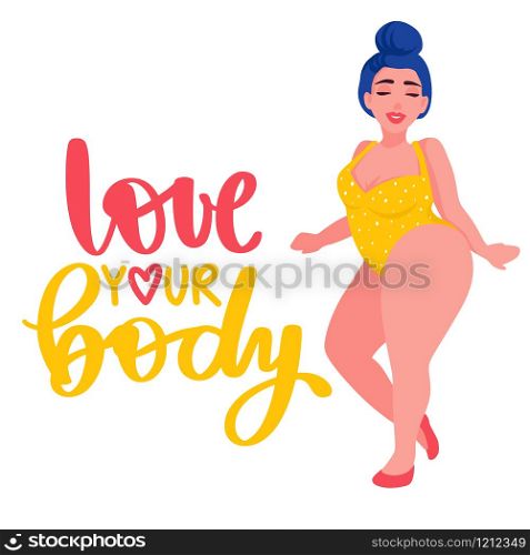 Plus size Woman dressed in swimsuits. Body positive. Happy girl flat style illustration. Attractive overweight lady. Female cartoon character. Love your body.. Plus size Woman dressed in swimsuits. Body positive.
