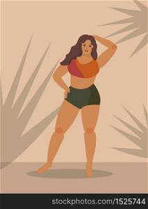 Plus size woman posing while standing. Body positive concept. Overweight attractive girl. For Fat acceptance movement no fatphobia. Vector illustration.. Plus size woman posing while standing. Body positive concept. Overweight attractive girl. For Fat acceptance movement no fatphobia. Vector illustration