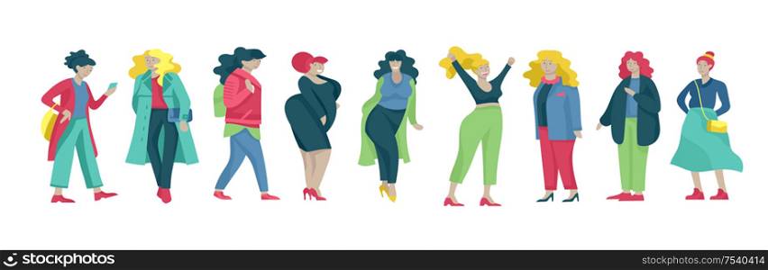 Plus size women dressed in stylish clothing. Set of curvy girls wearing trendy clothes. Happy Female cartoon characters. Bodypositive concept illustration. Plus size women dressed in stylish clothing. Set of curvy girls wearing trendy clothes. Happy characters. Bodypositive concept illustration
