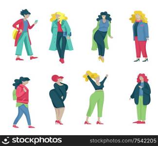 Plus size women dressed in stylish clothing. Set of curvy girls wearing trendy clothes. Happy Female cartoon characters. Bodypositive concept illustration. Plus size women dressed in stylish clothing. Set of curvy girls wearing trendy clothes. Happy characters. Bodypositive concept illustration
