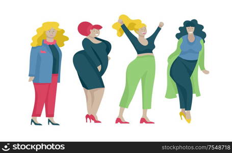 Plus size women dressed in stylish clothing. Set of curvy girls wearing trendy clothes. Happy Female cartoon characters. Bodypositive concept illustration. Plus size women dressed in stylish clothing. Set of curvy girls wearing trendy clothes. Happy characters. Bodypositive concept illustration