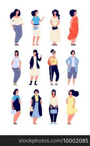 Plus size women. Young overweight lady in casual fashion clothes. Elegant curvy female models. Chubby girl vector characters. Plump body character, casual female model overweight illustration. Plus size women. Young overweight lady in casual fashion clothes. Elegant beautiful curvy female models. Chubby girl vector characters