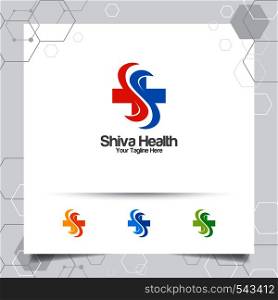 Plus symbol of medical health logo vector design with concept of letter S icon illustration for hospital, healthcare clinic, and medicine.