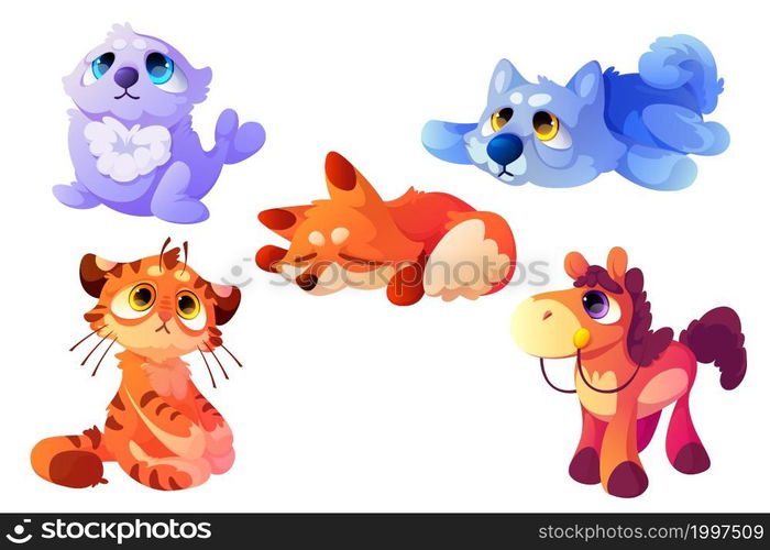 Plush animals, cute soft toys for babies. Vector cartoon set of funny fluffy playthings, pretty textile dog, cat, seal, fox and horse. Wild animals and pets isolated on white background. Plush animals, cute soft toys for babies