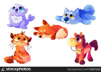 Plush animals, cute soft toys for babies. Vector cartoon set of funny fluffy playthings, pretty textile dog, cat, seal, fox and horse. Wild animals and pets isolated on white background. Plush animals, cute soft toys for babies