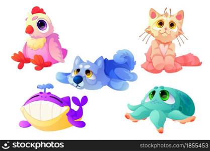 Plush animals, funny soft toys for children. Vector cartoon set of cute fluffy playthings, pretty textile dog, cat, rooster, whale and octopus. Pets and wild animals isolated on white background. Plush animals, funny soft toys for children