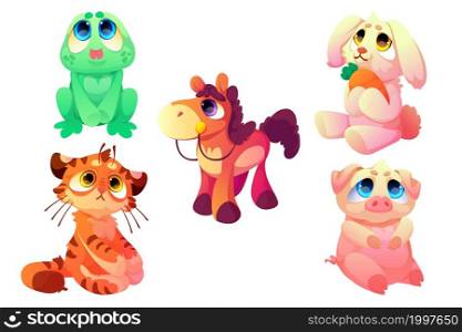 Plush toys, funny soft frog, horse, tiger with bunny and pig. Cute animals, stuffed dolls for child playing, furry creatures with kawai face and big eyes, isolated Cartoon vector illustration, set. Plush toys, funny soft frog, horse, tiger, bunny