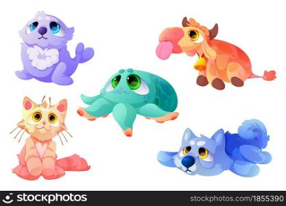Plush toys, funny soft seal, cow, cat with octopus and dog. Cute animals, stuffed dolls for child playing, furry kitten or wolf, farm or sea creatures isolated objects Cartoon vector illustration, set. Plush toys, funny soft seal, cow, cat with octopus