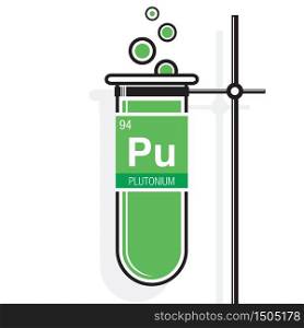 Plutonium symbol on label in a green test tube with holder. Element number 94 of the Periodic Table of the Elements - Chemistry