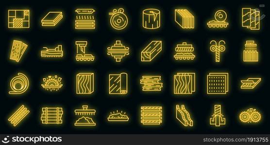 Plywood icons set. Outline set of plywood vector icons neon color on black. Plywood icons set vector neon