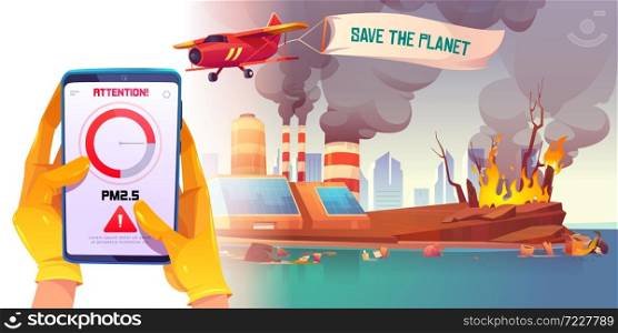 PM2.5 air pollution smartphone application. PM 2.5 dust detector. Vector cartoon illustration of hands in gloves holding phone on background of factory, dirty sea shore and forest fire. PM2.5 air pollution application for smartphone