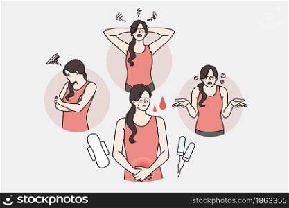 Pms and mood before menstruation concept. Young irritated woman cartoon character feeling depressed angry and pain in belly during periods vector illustration . Pms and mood before menstruation concept