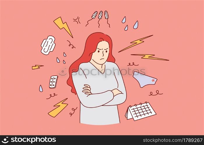 PMS and premenstrual syndrome concept. Young irritated Woman cartoon character standing suffering from premenstrual syndrome with sanitary pads and tampons around . PMS and premenstrual syndrome concept
