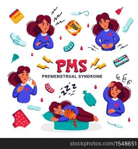 PMS. Set of woman suffering from premenstrual syndrome. Various symptoms of menstrual cycle and related products such as sanitary pads and tampons. Flat style vector illustration. PMS. Set of woman suffering from premenstrual syndrome. Various symptoms of menstrual cycle and related products such as sanitary pads and tampons. Flat style vector illustration.