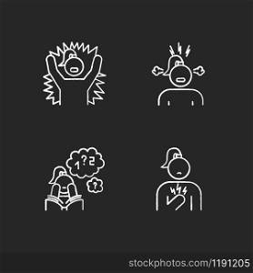 PMS symptoms chalk icons set. Emotional outburst. Irritability and stress. Poor concentration. Math problem solving. Chest pain. Attention deficit. Isolated vector chalkboard illustrations