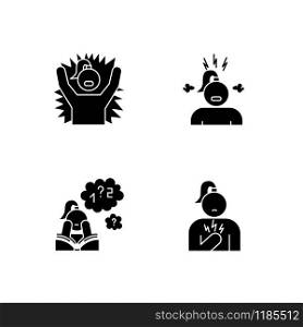 PMS symptoms glyph icons set. Emotional outburst. Irritability and stress. Poor concentration. Math problem solving. Chest pain. Female healthcare. Silhouette symbols. Vector isolated illustration