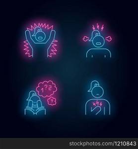 PMS symptoms neon light icons set. Emotional outburst. Irritability and stress. Poor concentration. Math problem solving. Chest pain. Female healthcare. Glowing signs. Vector isolated illustrations