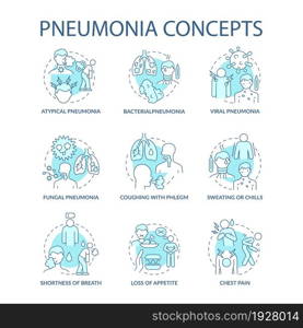 Pneumonia blue concept icons set. Pulmonary inflammation idea thin line color illustrations. Breath shortness. Appetite loss. Coughing with phlegm. Vector isolated outline drawings. Editable stroke. Pneumonia blue concept icons set