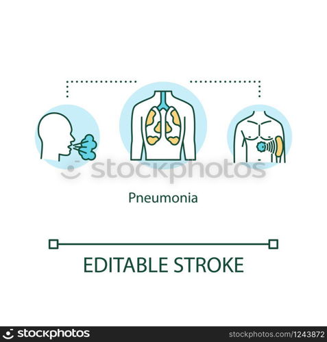 Pneumonia concept icon. Unhealthy lungs. Inflamed bronchi. Respiratory disease. Sickness in trachea idea thin line illustration. Vector isolated outline RGB color drawing. Editable stroke