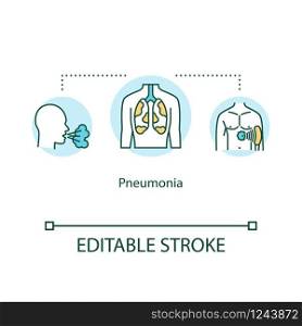 Pneumonia concept icon. Unhealthy lungs. Inflamed bronchi. Respiratory disease. Sickness in trachea idea thin line illustration. Vector isolated outline RGB color drawing. Editable stroke