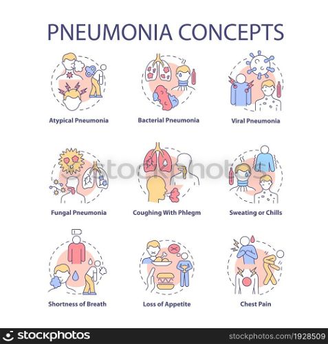 Pneumonia concept icons set. Pulmonary inflammation idea thin line color illustrations. Bacterial and viral types. Coughing with phlegm. Vector isolated outline drawings. Editable stroke. Pneumonia concept icons set