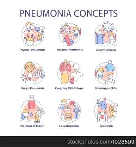 Pneumonia concept icons set. Pulmonary inflammation idea thin line color illustrations. Bacterial and viral types. Coughing with phlegm. Vector isolated outline drawings. Editable stroke. Pneumonia concept icons set