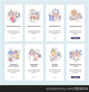 Pneumonia diagnosis onboarding mobile app page screen set. Infection symptoms walkthrough 4 steps graphic instructions with concepts. UI, UX, GUI vector template with linear color illustrations. Pneumonia diagnosis onboarding mobile app page screen set
